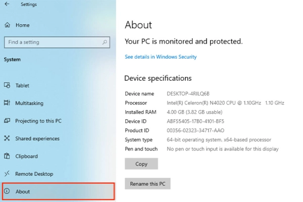 مشخصات لپ تاپ در Settings 